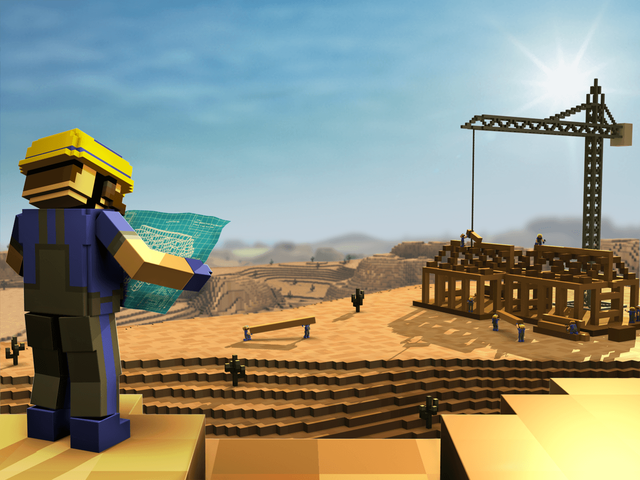Ace of Spades Map Creator builders working across a voxel landscape